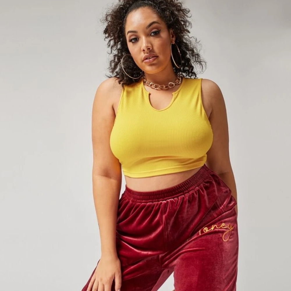 Yellow ribbed notch neck crop top tank